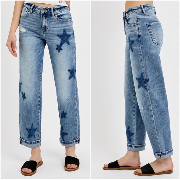 Risen Los Angeles Denim - 11 Star-Print Cropped Mom Jeans - Light Blue